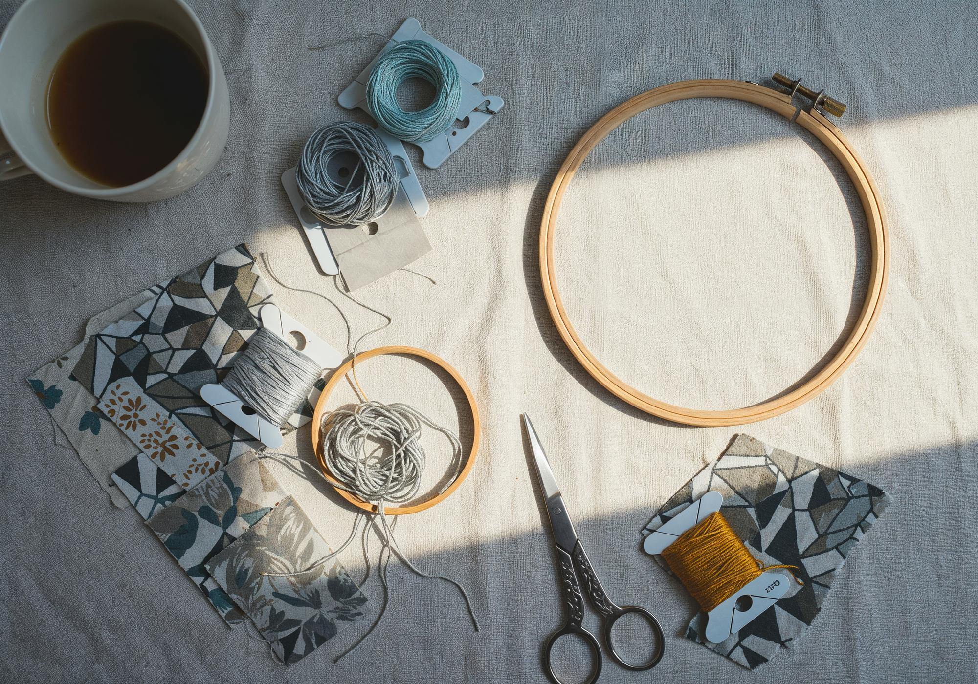 Atelier-Arbeitsplatz mit Stickrahmen und Skizzen